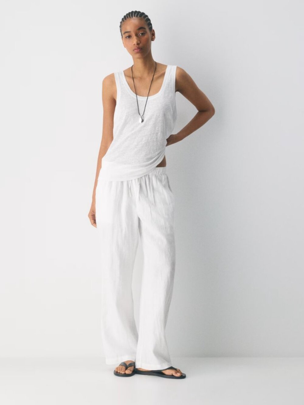 LITTLE MOON Aritzia L White Sail Linen Pants Wide Leg Relaxed Mid-Rise Drawcord